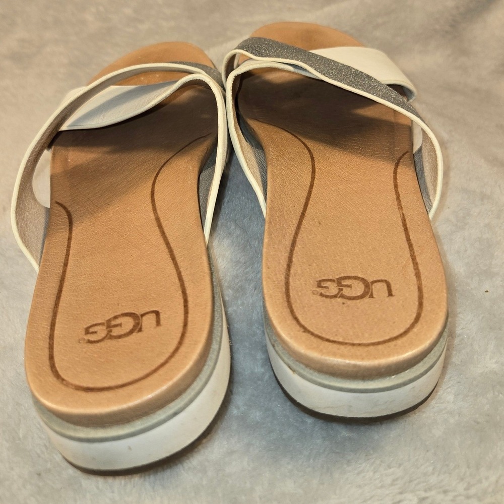 UGG Kari White Metallic Silver Leather Crisscross Slide Sandals 1018901 W 6 - Picture 6 of 8